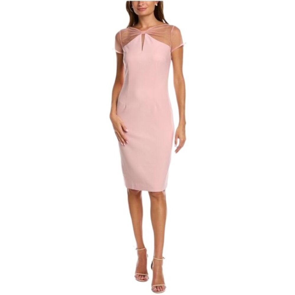 JS Collections Karina Blush Bow Illusion Mesh Sheath Dress 14 NWT